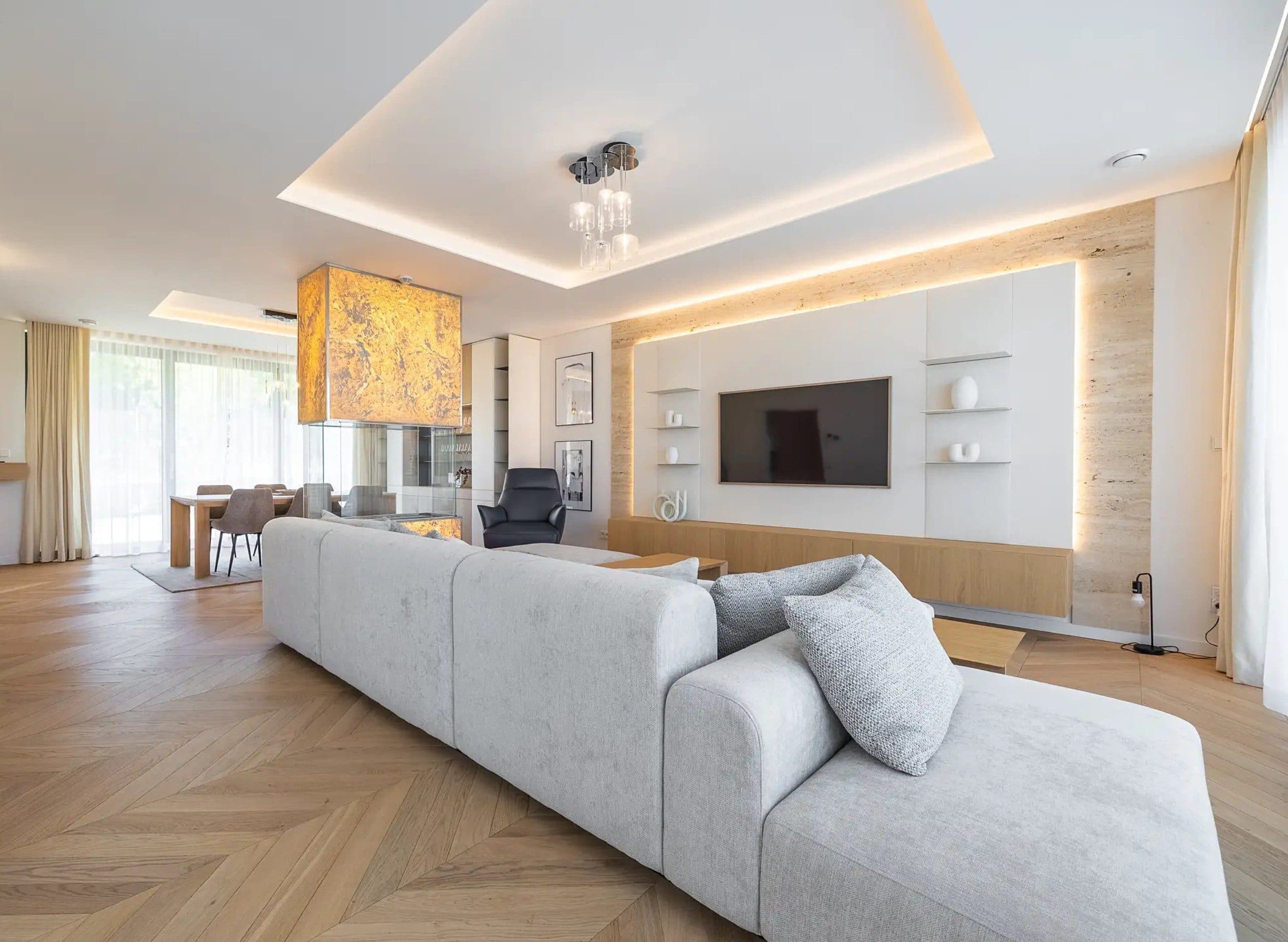 Living room with a media wall and an onyx fireplace, Pod Třebešínem apartment
