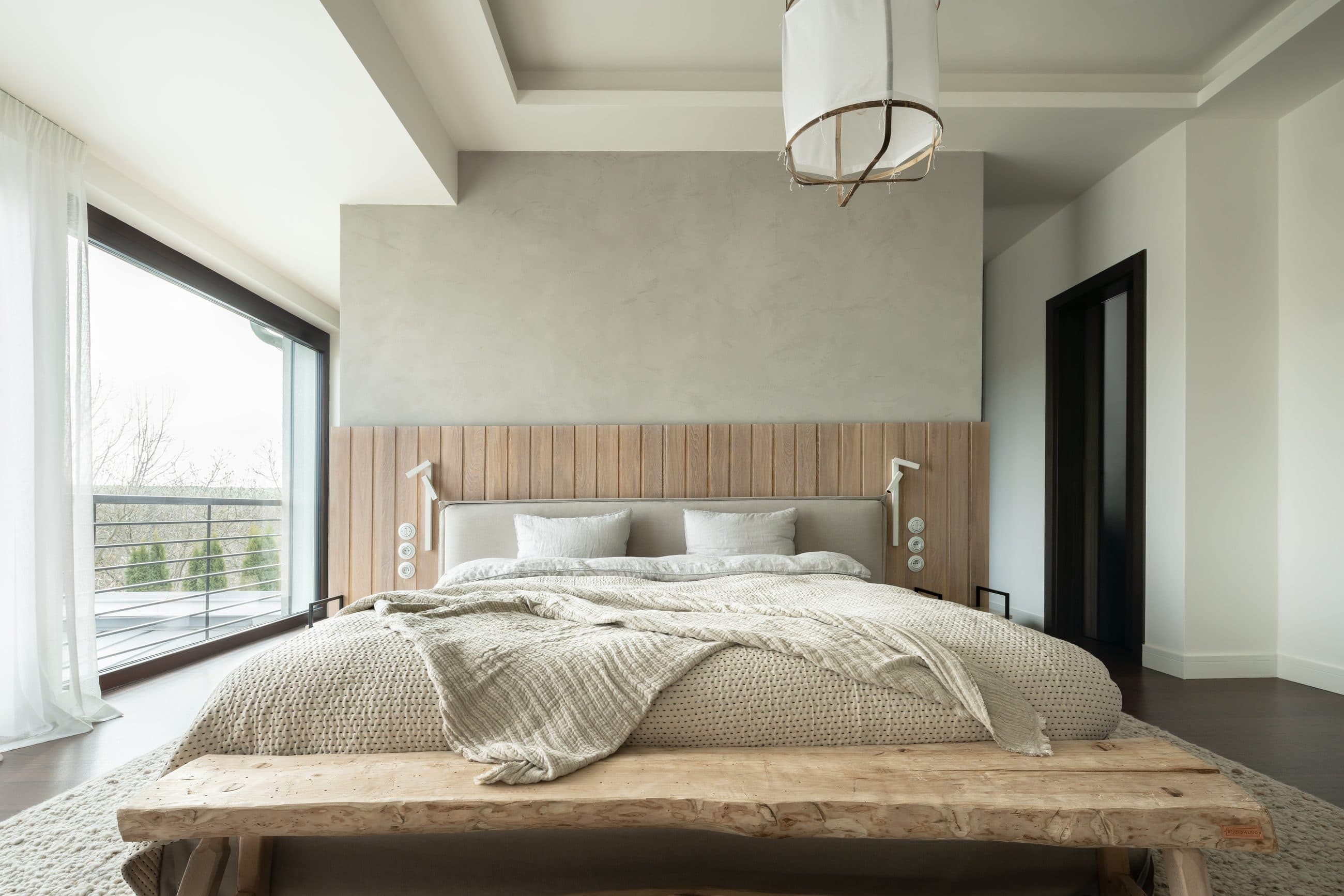 Bedroom with an oak slatted headboard and a dressing table, Únětice family home